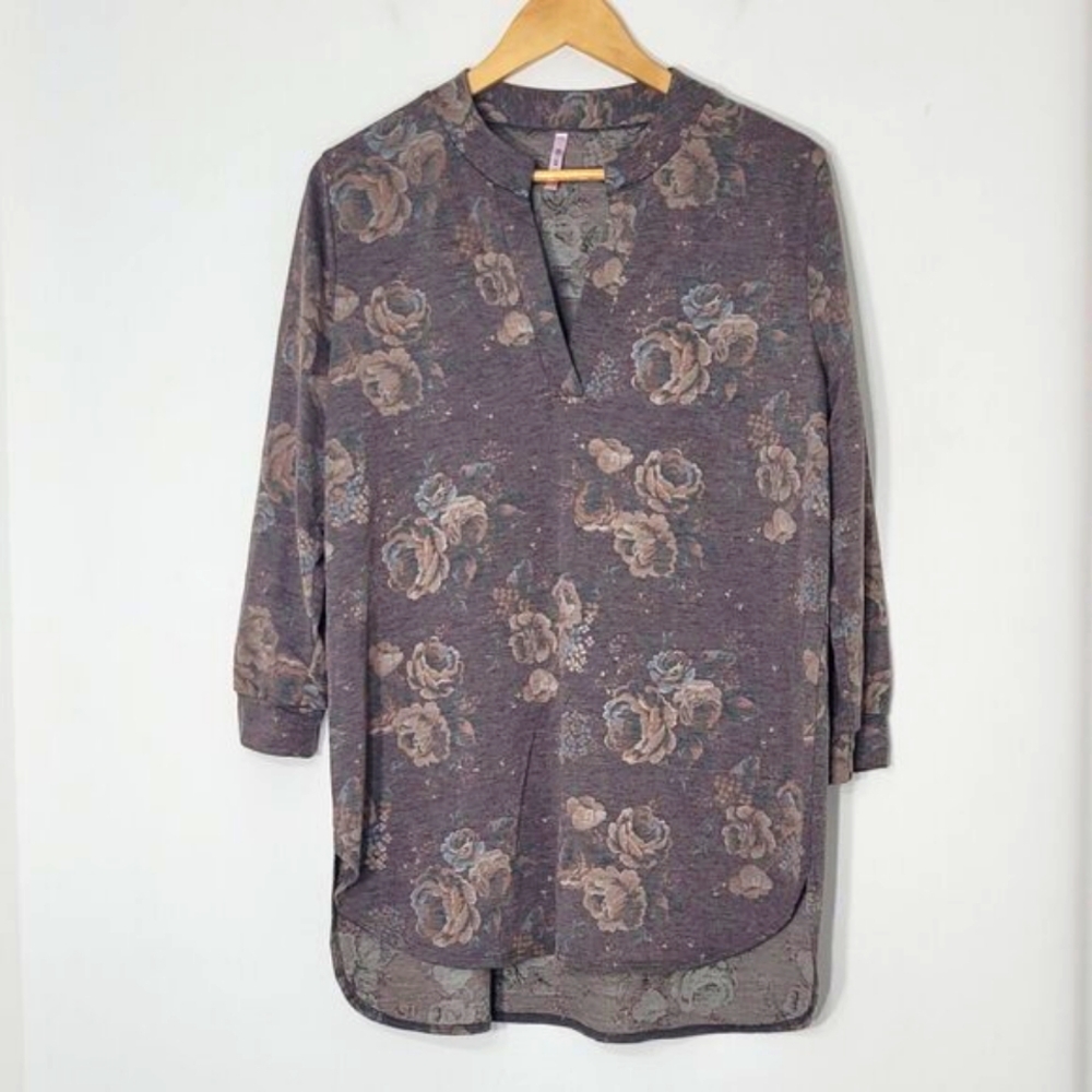 🛍Cool Melon Brown Old Rose Floral V-Neck Cozy Casual High-Low Hem Tunic Size XL